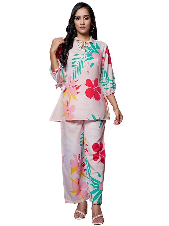 Leriya Fashion Women Ethnic Kurta Set | Rayon Co-Ord Set | Fancy Pajama Set | Pack of 2 | Floral Printed Top & Pant Set | Full Pair Set | A-line Kurta Set for Women