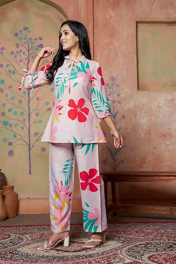 Leriya Fashion Women Ethnic Kurta Set | Rayon Co-Ord Set | Fancy Pajama Set | Pack of 2 | Floral Printed Top & Pant Set | Full Pair Set | A-line Kurta Set for Women